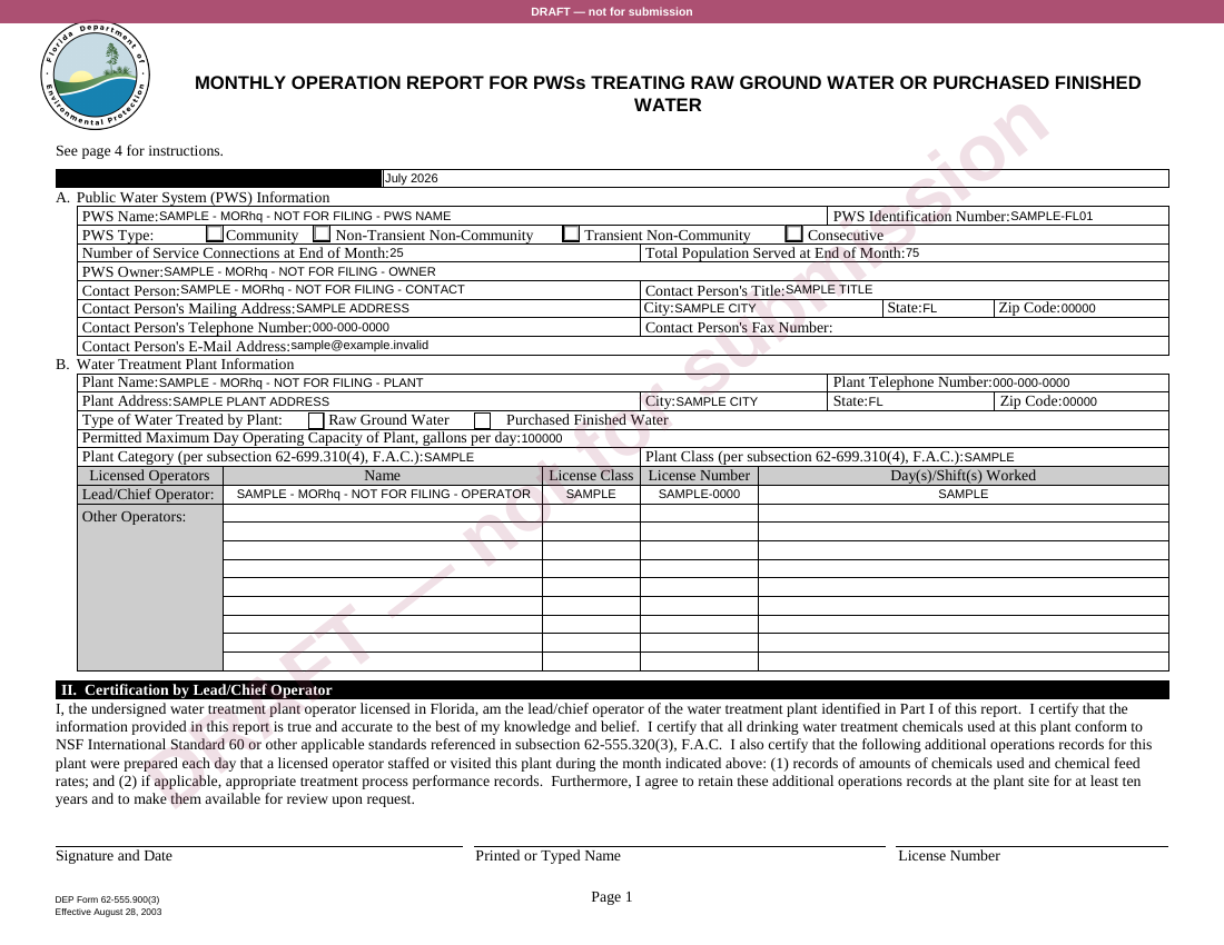 Page one of Florida DEP form 62-555.900(3), filled with sample readings and stamped DRAFT — not for submission. The state’s own certification block sits at the foot of the page with the signature line blank.