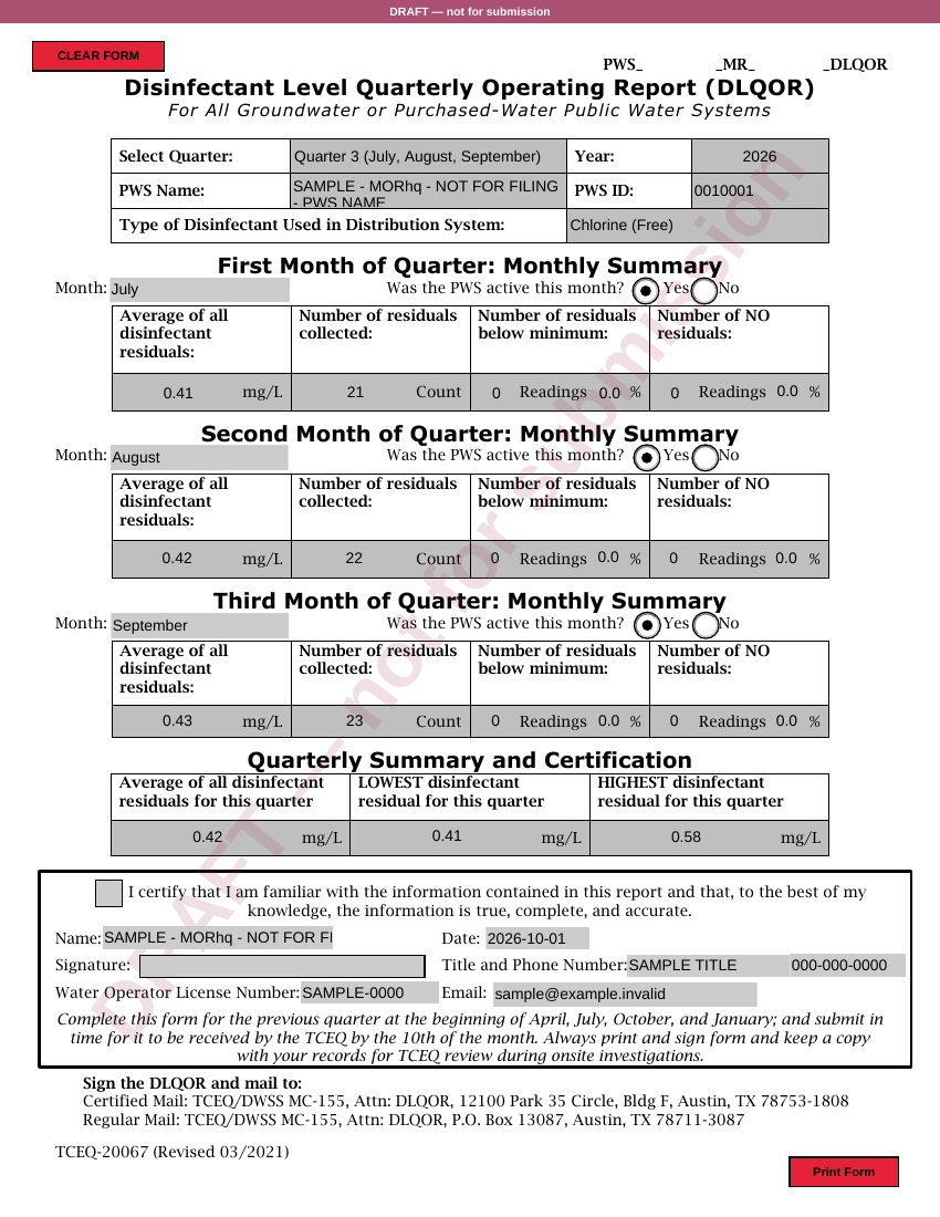 Page one of TCEQ form 20067, the Disinfectant Level Quarterly Operating Report, filled with sample readings and stamped DRAFT — not for submission.